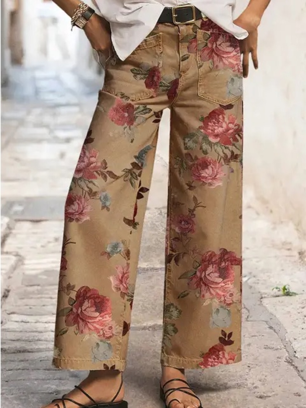 Flamingals Women's Floral Tan Jeans - Picture 2 of 2